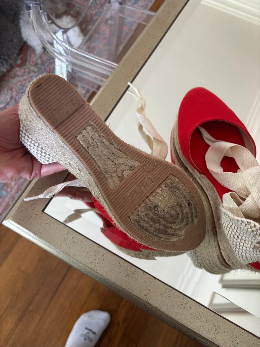 J. Crew Red Espadrille Wedge Sandals with Cream Ankle Ties